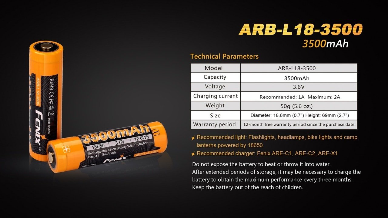 Fenix ARB - L18 - 3500 High - Capacity 18650 Battery - 3500mAh - Angler's Pro Tackle & Outdoors