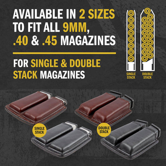 Leather 2 Magazine Holder | Made In USA | Lifetime Warranty | Fits virtually any Relentless Tactical 9mm, .40, .45 or .380 Pistol Mag | Single or Double Stack | IWB or OWB