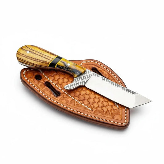 Frontier Cowboy Gear The Iron Maverick – Custom Handmade Rasp Steel Ranch Knife with Olivewood & Black Resin Handle & Leather Sheath