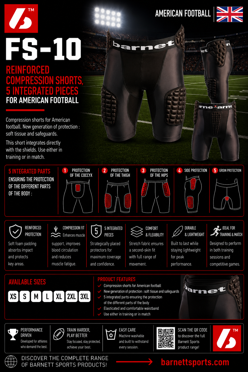 Barnett FS-10 Reinforced compression shorts, 5 integrated pieces, for American football