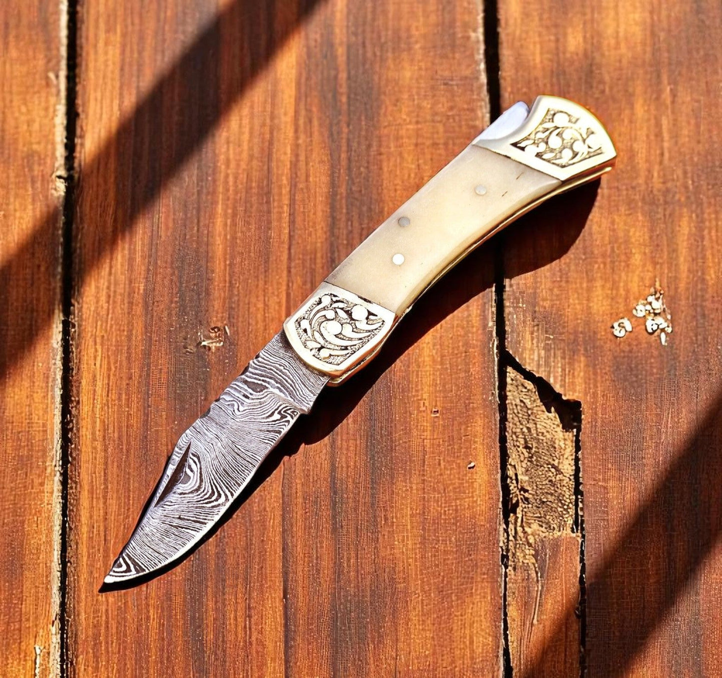 Handmade Damascus Pocket Knife with Bone Handle - 3" - Angler's Pro Tackle & Outdoors
