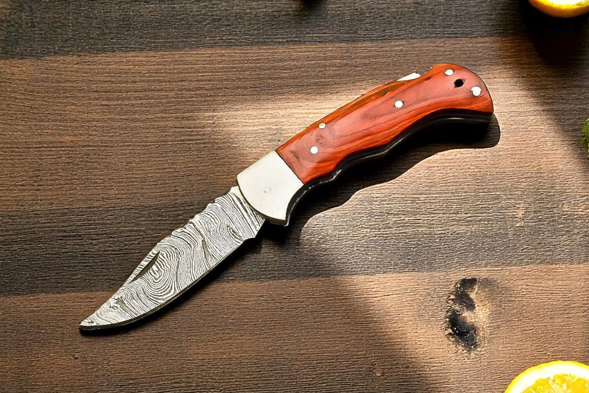 Handmade Damascus Pocket Knife with Wood Handle – 3" Blade - Angler's Pro Tackle & Outdoors