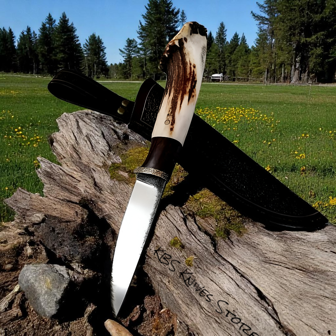 KBS Knives Field Slasher – Best Hunting Knife with 1095 Steel Blade, Rosewood & Antler Horn Handle