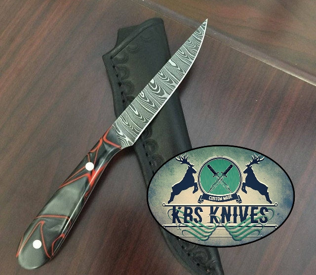 KBS Knives Epoxy Resin Handmade Damascus Steel Fillet-Boning Knife with Leather Sheath by KBS Knives Store