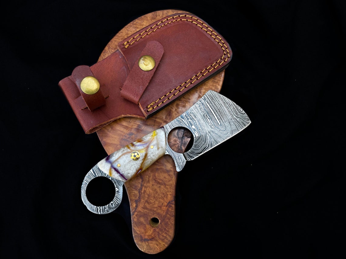 KBS Knives Custom Handmade Damascus Steel Mini Finger Hole Cleaver Knife