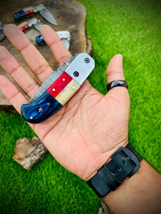 KBS Knives "Custom Handmade Texas Flag Damascus Steel Folding Pocket Knife | Exotic Wood-Bone Texas Flag Handle | 3.1 Inch Blade | Leather Sheath | KBS Knives Store"