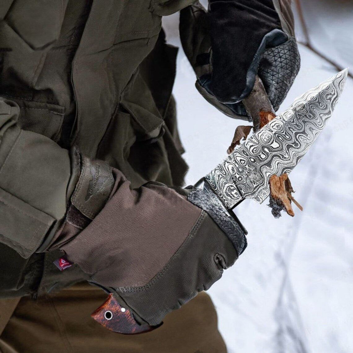 KBS Knives "Custom Handmade Damascus Steel Hunting Camping Knife | Rosewood-Damascus Guard Handle | 9.5 Inches | Leather Sheath | KBS Knives Store"