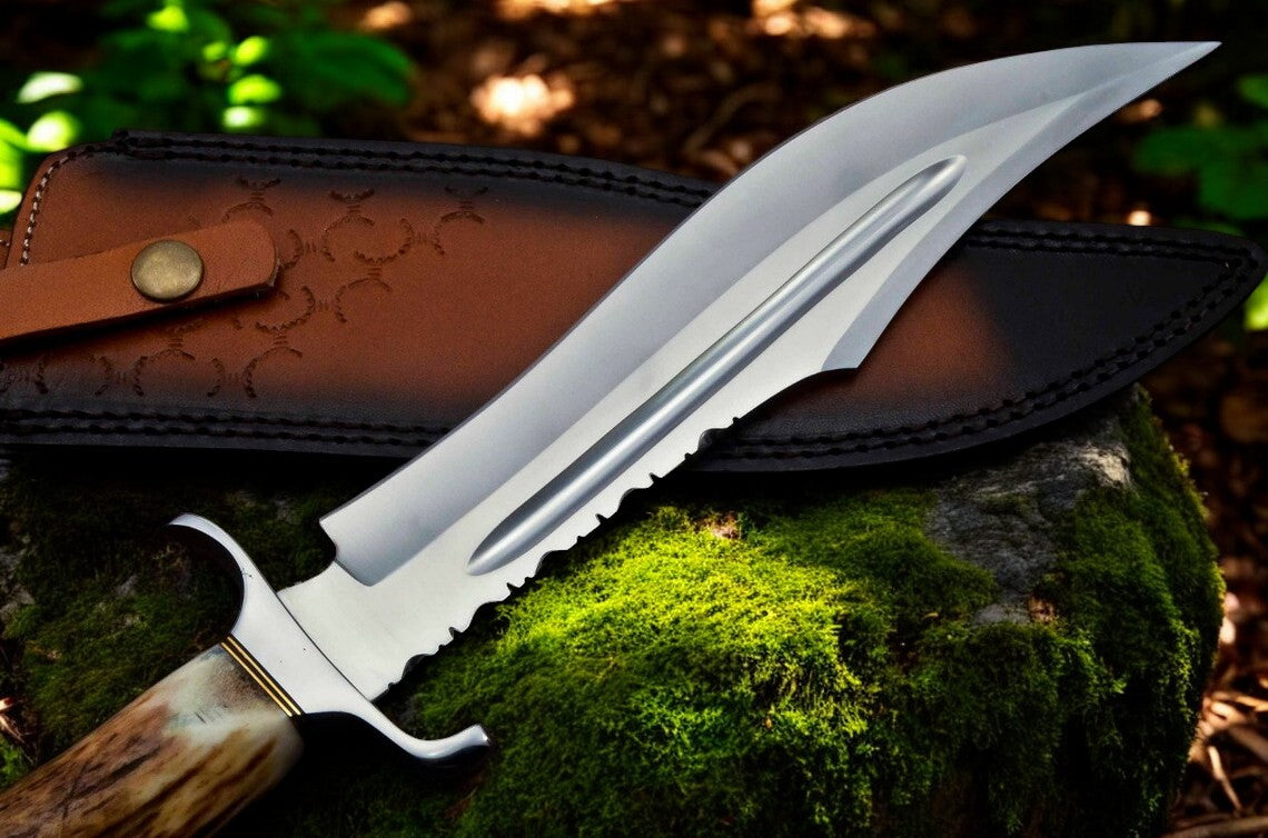 KBS Knives Bowie Knife With Antler Handles – 14" D2 Steel Blade With Blood Groove & Antler Handle