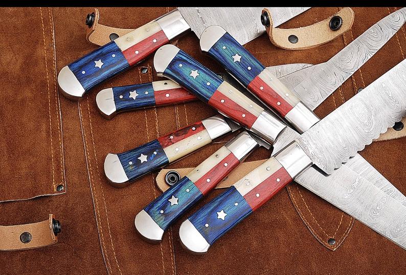 KBS Knives Texas Flag Handle Damascus Steel Kitchen Knives Set