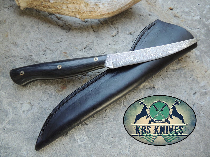 KBS Knives Handmade Damascus Steel Fillet-Boning Knife with Black Micarta Handle - 11 Inch Overall Length, Leather Sheath Included by KBS Knives Store