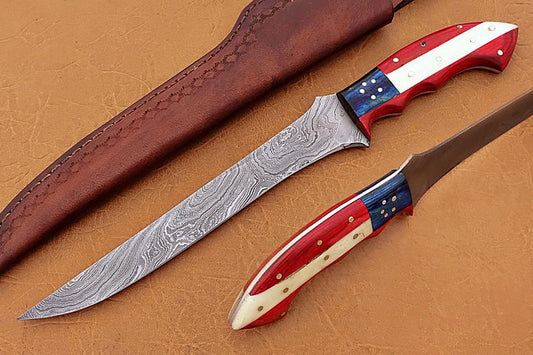 KBS Knives Handmade Damascus Steel Fillet-Boning Knife with Texas Flag Red-Blue Exotic Wood and Bone Handle - 13 Inch Overall Length