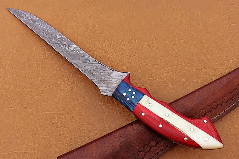KBS Knives Handmade Damascus Steel Fillet-Boning Knife with Texas Flag Red-Blue Exotic Wood and Bone Handle - 13 Inch Overall Length