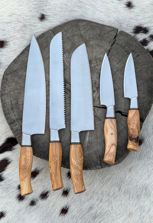 KBS Knives 5 Pcs Custom Handmade Stainless Steel Kitchen Knives Set With Olive Wood Handles and Leather Roll - KBS Knives Store