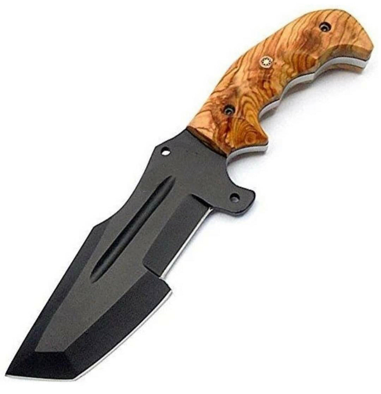 KBS Knives Handcrafted D2 Steel Acid Washed Blade Survival Knife with Burl Olive Wood Handle - 11 Inch Overall Length