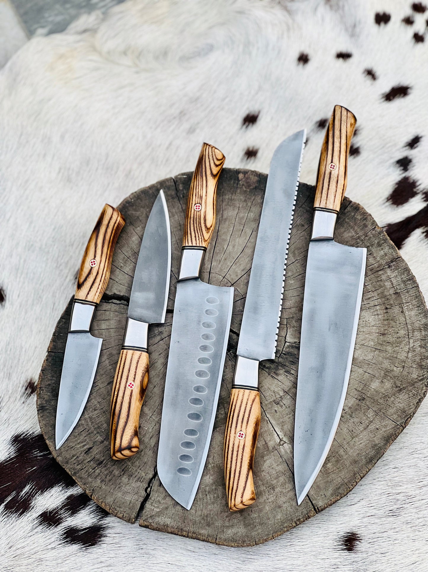 KBS Knives 5 Piece Custom Handmade Acid Washed Stainless Steel Kitchen Knives Set with Leather Roll and Burly Wenge Wood Handles" by KBS Knives Store