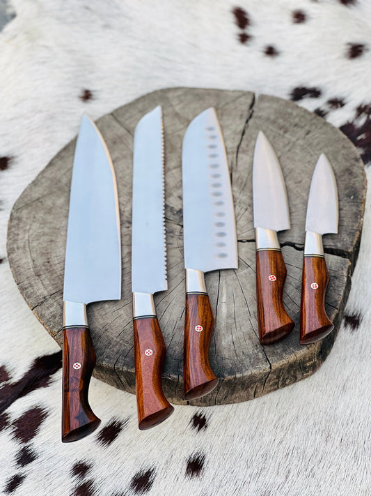 KBS Knives 5 Piece Custom Handmade Stainless Steel Kitchen Knives Set with Leather Roll and Rosewood Handles" by KBS Knives Store