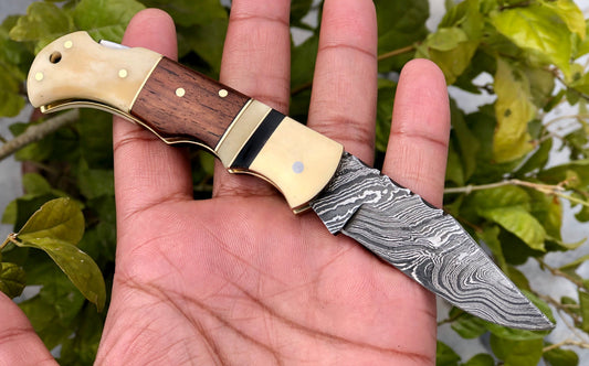KBS Knives Custom Handmade Damascus Steel Small Folding Pocket Knife with Bone, Rosewood, and Brass Bolsters Handle