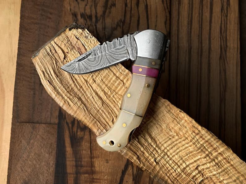 KBS Knives Best Damascus Steel Folding Pocket Knife with Bone and Color Wood Spacers Handle, 3 Inches Blade Length and Leather Case - For Sale by KBS Knives Store.