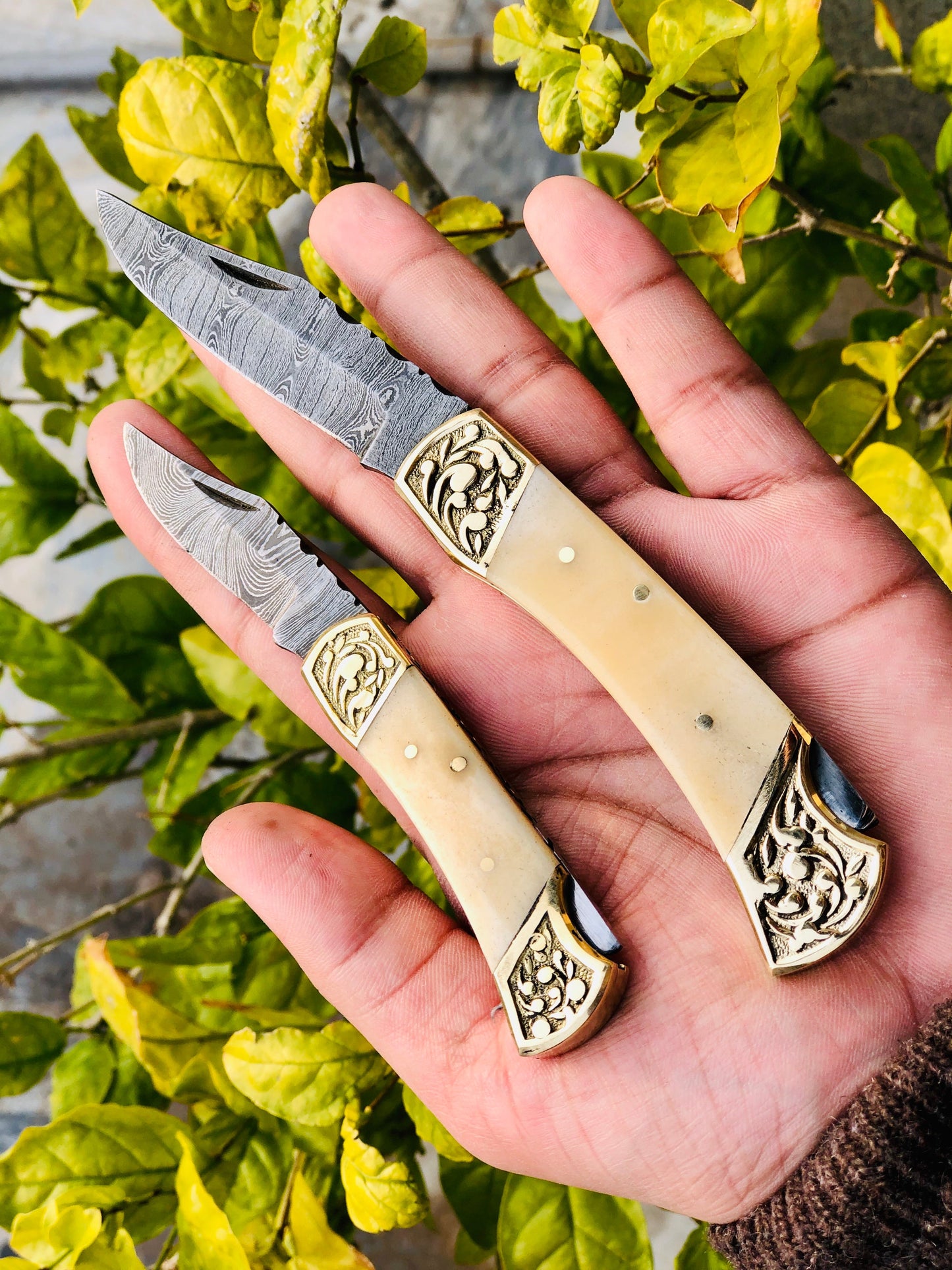 KBS Knives Pair of Custom Handmade Damascus Steel Folding Pocket Knives with Bone and Engraved Brass Bolsters Handle