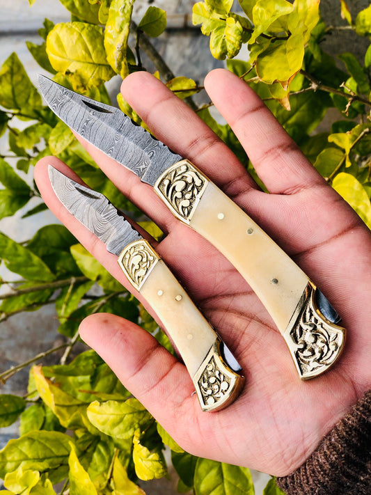 KBS Knives Pair of Custom Handmade Damascus Steel Folding Pocket Knives with Bone and Engraved Brass Bolsters Handle