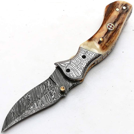 KBS Knives Custom Handmade Damascus Steel Engraved Folding Pocket Knife with Antler Horn Handle and Leather Case by KBS Knives Store.