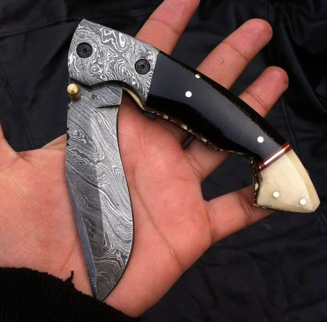 KBS Knives Custom Handmade Damascus Steel Folding Pocket Knife with Bone and Buffalo Horn Handle - 3.34 inch Blade Length by KBS Knives Store