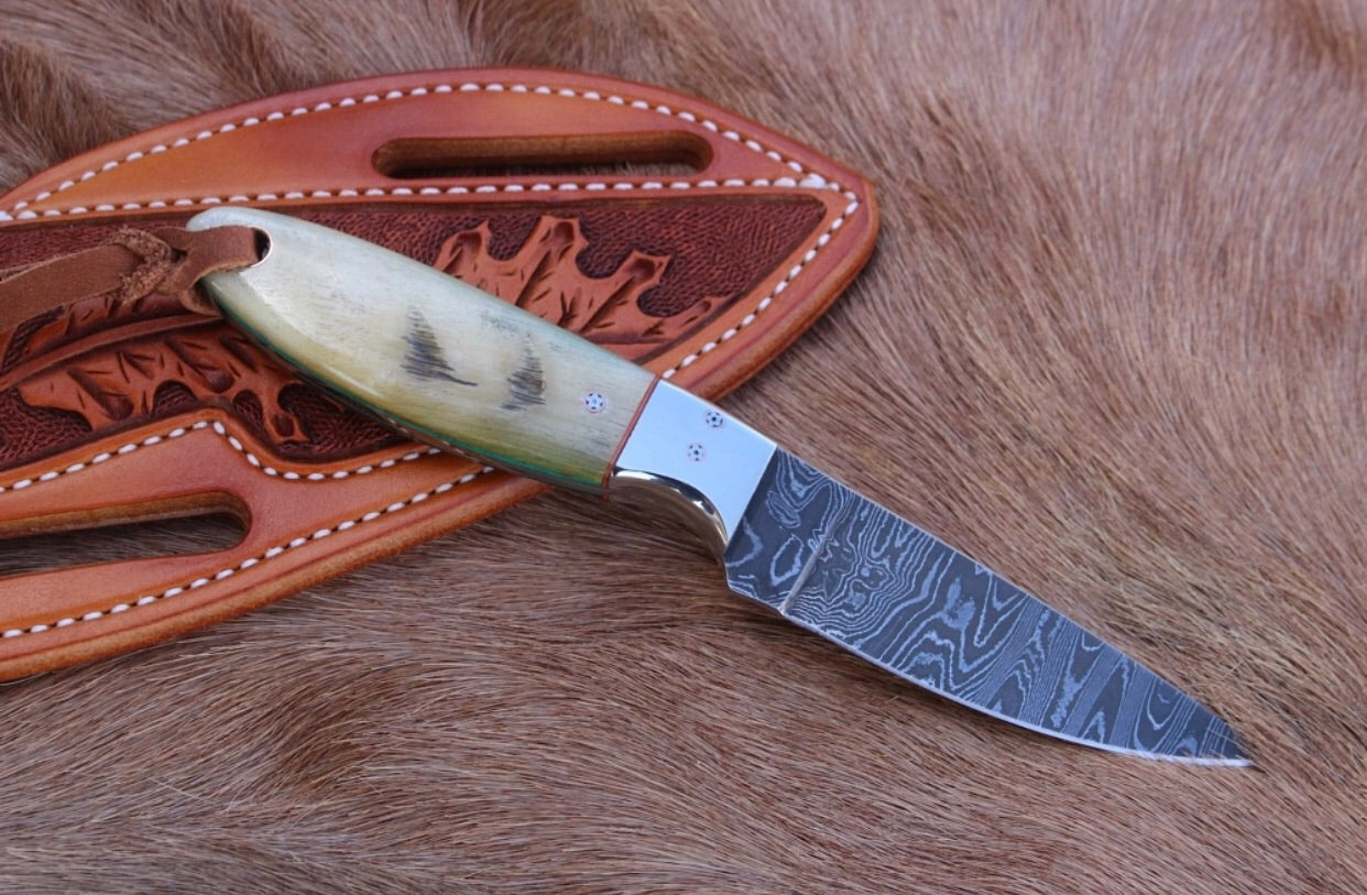 KBS Knives HIGHLAND HITCH – WORKING BUCKAROO KNIFE WITH DAMASCUS STEEL & MOUNTAIN SHEEP HORN