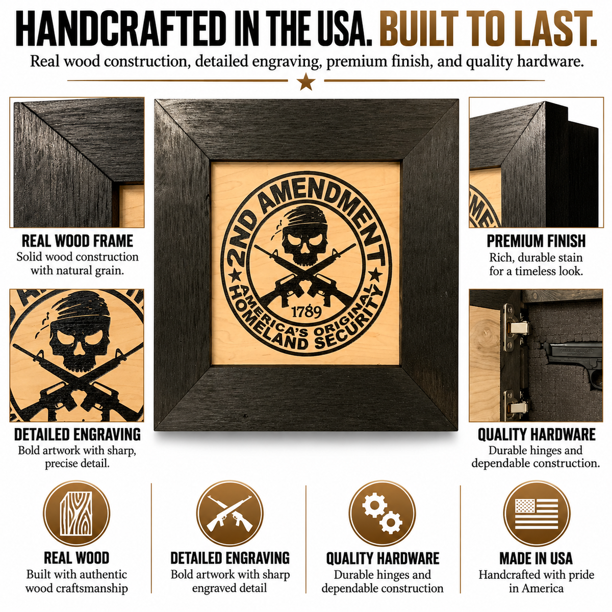 Bellewood Designs - Second Amendment Hidden Gun Safe, 2nd Amendment Skull Concealment Shelf