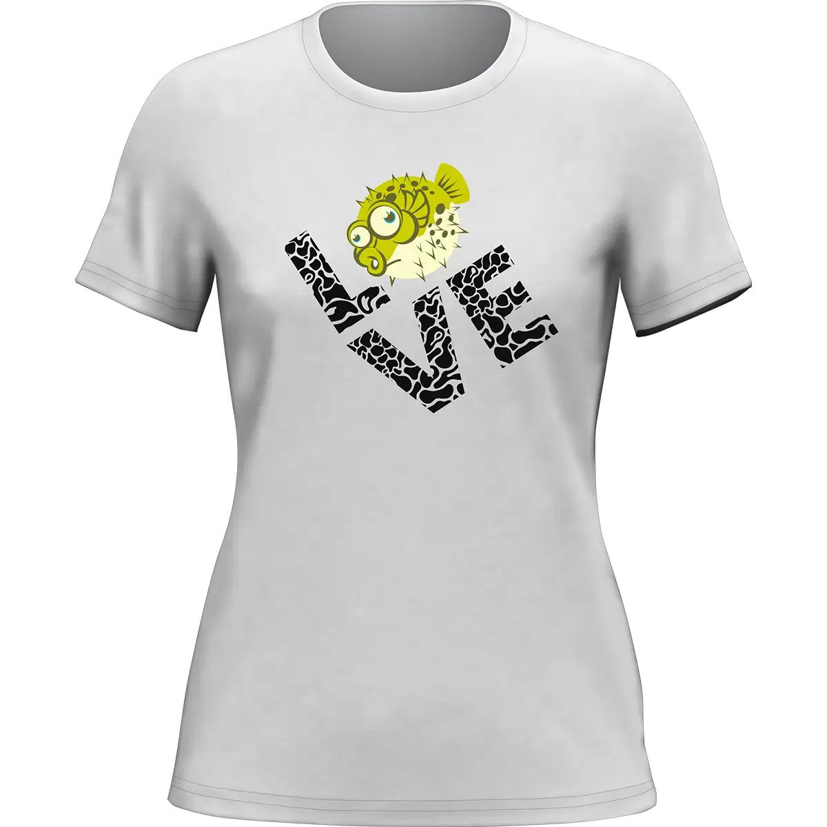 Outdoorzees Love Fishing Green Blowfish Globe T-Shirt for Women