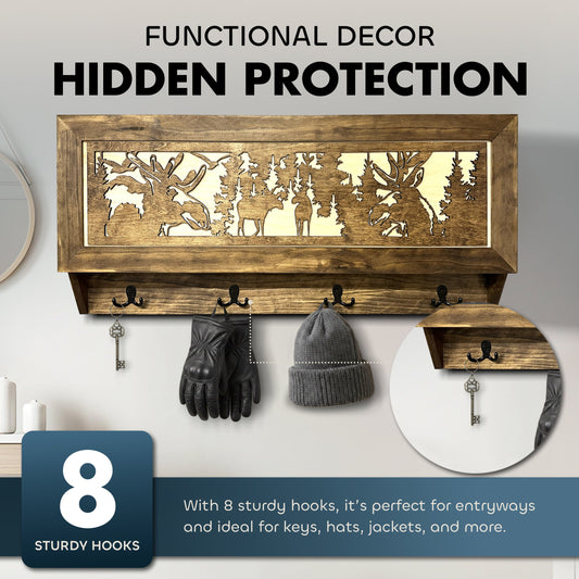 Bellewood Designs - Moose Hunting Hidden Gun Storage Coat Rack Concealment Shelf with Hooks for Coats, Bags, & Hats
