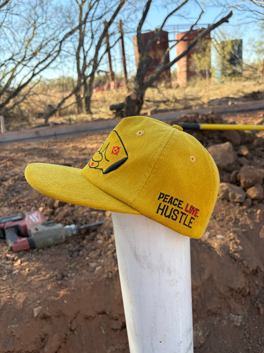 Hustlin Hippie PL Series Corduroy Snapback Hat- MUSTARD YELLOW- BLACK LOGO w/ BOLD style
