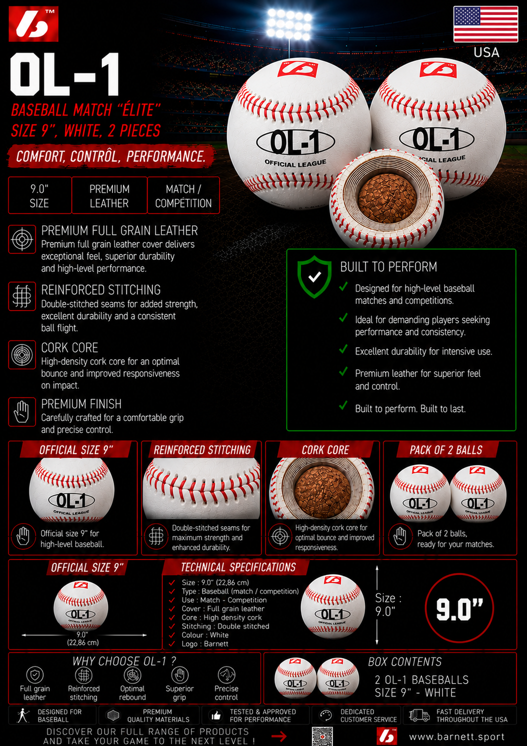 Barnett OL-1 Competition baseballs, Size 9" White, 2 pieces