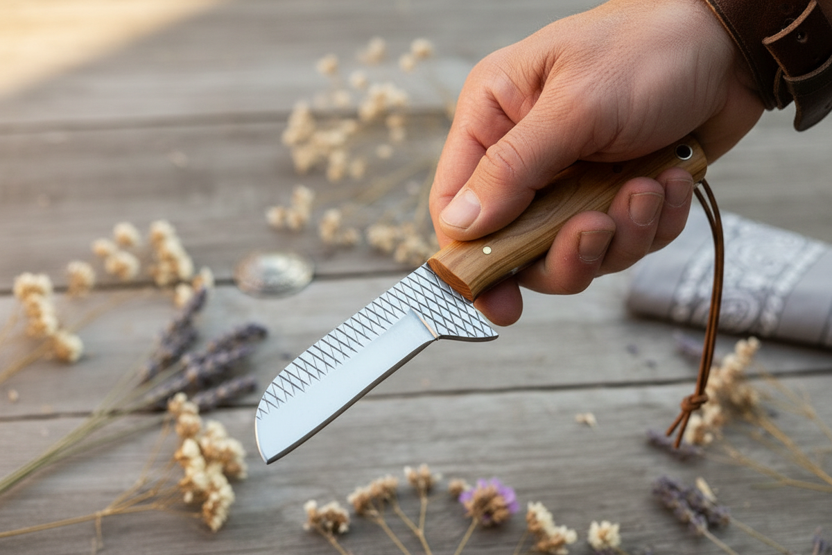 Frontier Cowboy Gear Bull Cutter Knife – Rasp Tool Steel Blade & Olivewood Handle with Leather Sheath | 7.5"
