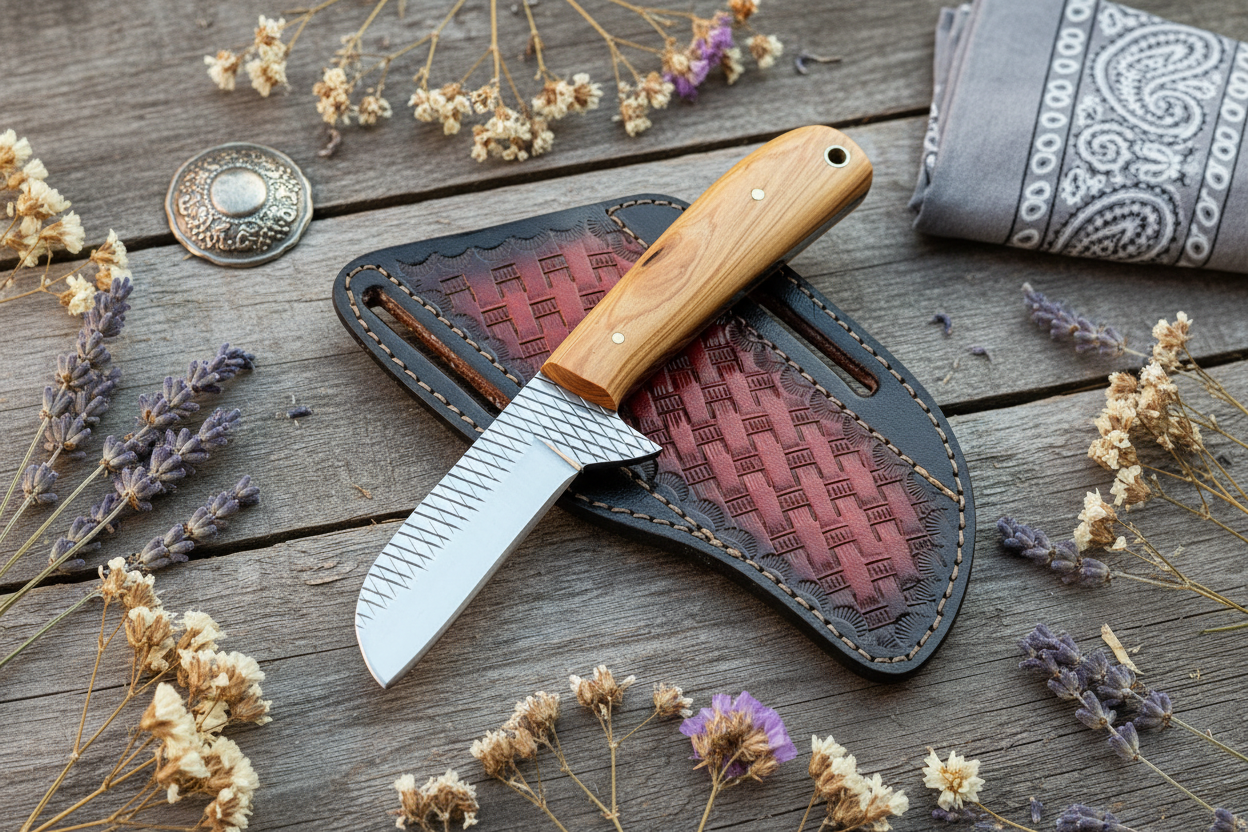 Frontier Cowboy Gear Bull Cutter Knife – Rasp Tool Steel Blade & Olivewood Handle with Leather Sheath | 7.5"
