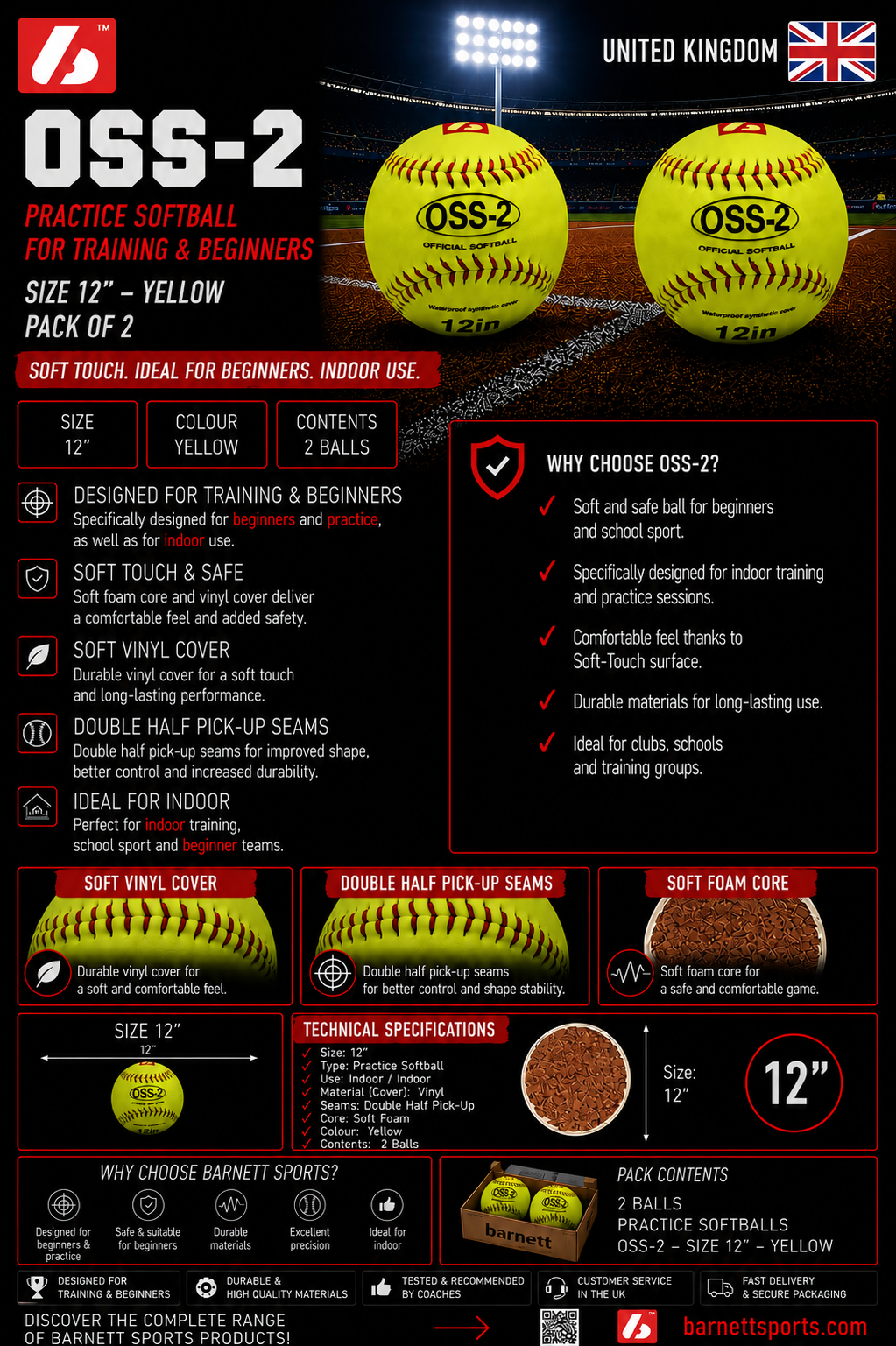 Barnett OSS-2 Practice softball ball, soft touch, size 12", white, 1 dozen