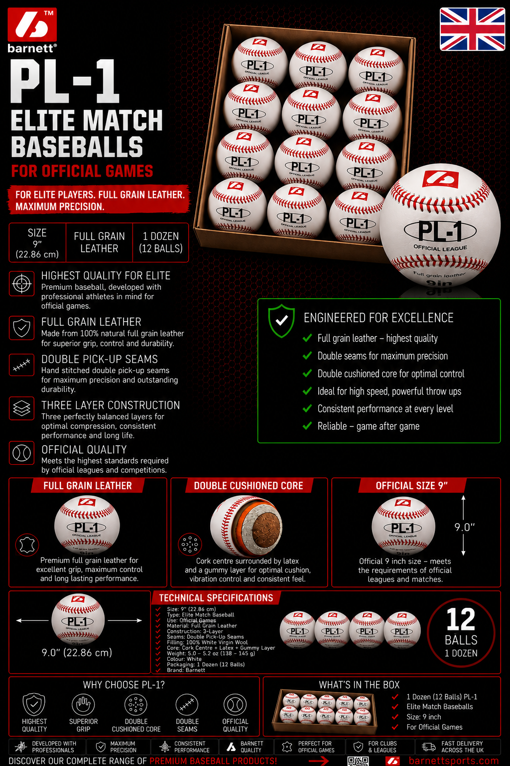 Barnett PL-1 Elite match baseballs, Size 9" White, 1 dozen