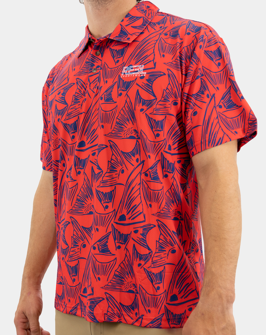 Reel Sportswear Redfish, White, Blue Polo