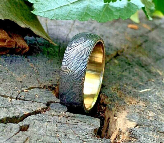 Custom KBS Knives Damascus Steel Anniversary Ring with Brass Inlay