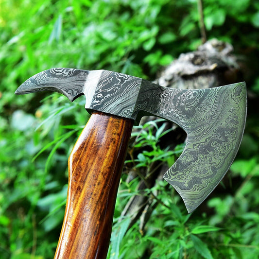 KBS Knives Tomahawk Axe with Custom Handmade Forged Damascus Steel Blade – "Rosewood Warrior"