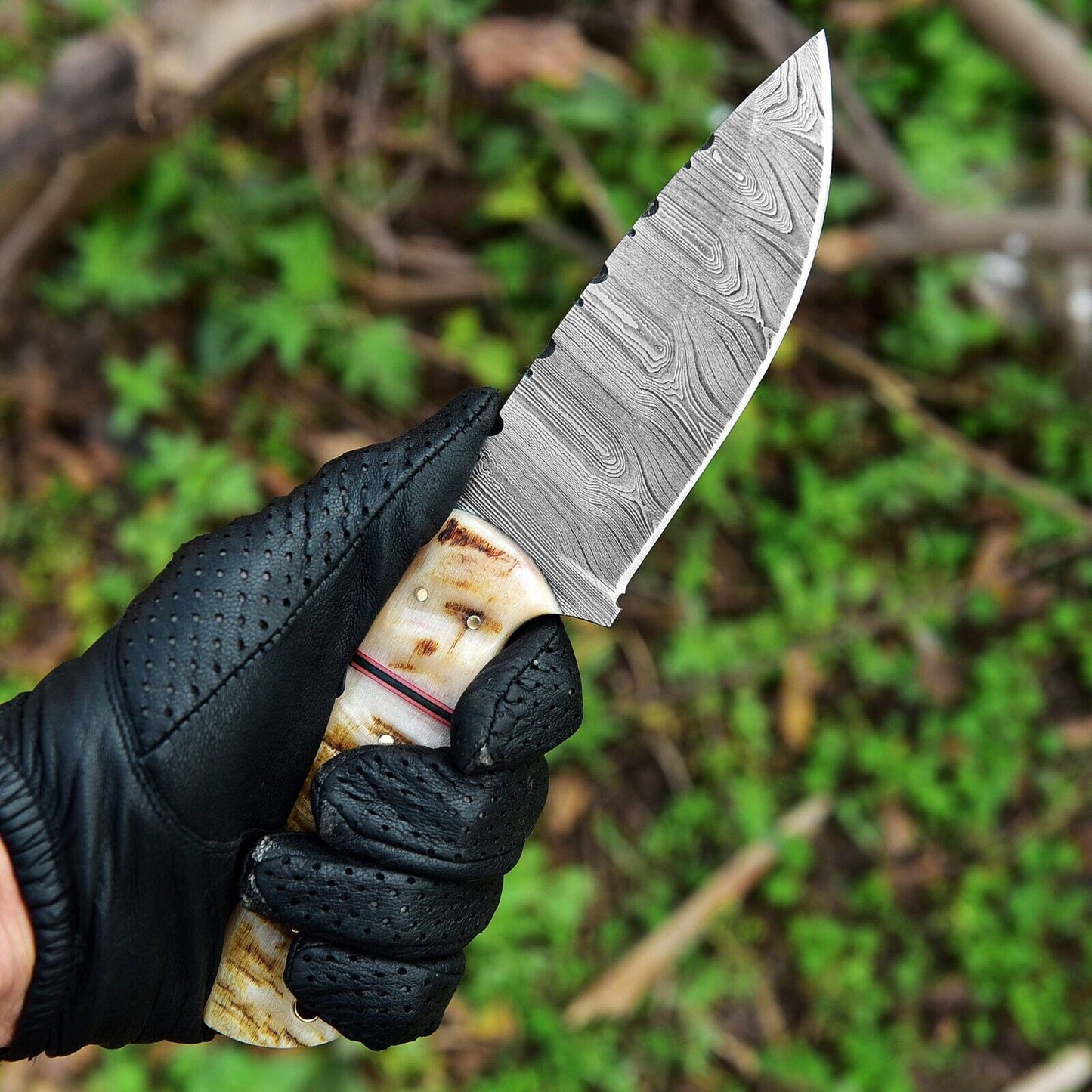 Texan Knives Custom Handmade Damascus Steel Skinning Knife – 4.5-Inch Sheep Horn Handle