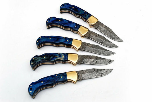 KBS Knives LOT OF 5 HANDMADE DAMASCUS STEEL FOLDING KNIVES