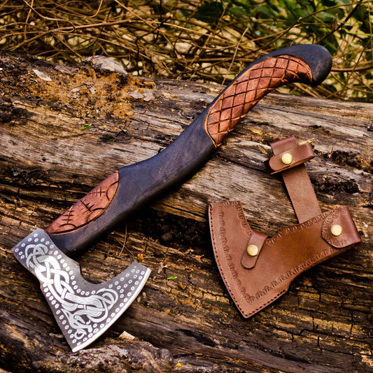 KBS Knives Handcrafted Battle Axe with Engraved 1095 Steel Blade and Hand Engraved Rosewood Handle – KBS Knives Store
