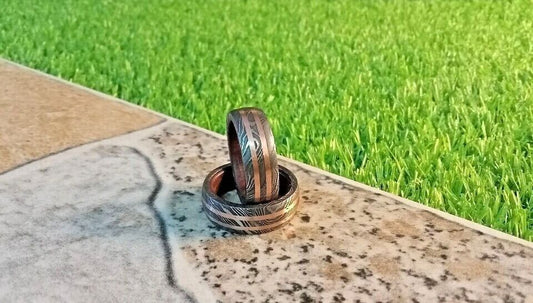 KBS Knives Infinite Promise Damascus Steel Vow Renewal Ring with Copper Lines and RoseWood Inlay by KBS Knives Store