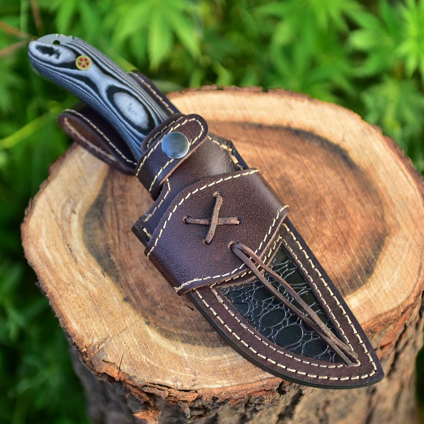 KBS Knives Wilderness Guardian: Hunting Knife with Twist Damascus Steel Blade, Micarta G10 Handle, and Leather Sheath