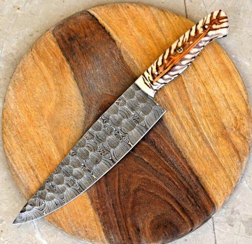 KBS Knives Artisan’s Choice: Custom Handmade Chef’s Knife with Damascus Steel Blade and Epoxy Pine-cone Handle, 13-Inch with Leather Sheath