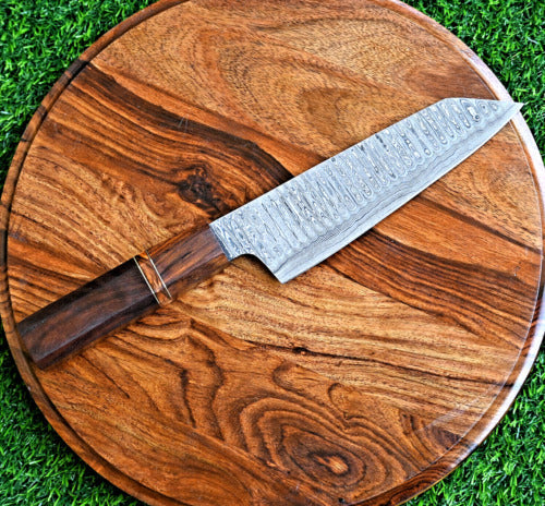 KBS Knives Artisan Edge: Custom Handmade Santoku Knife with Damascus Steel Blade, Rosewood Handle, and Leather Roll