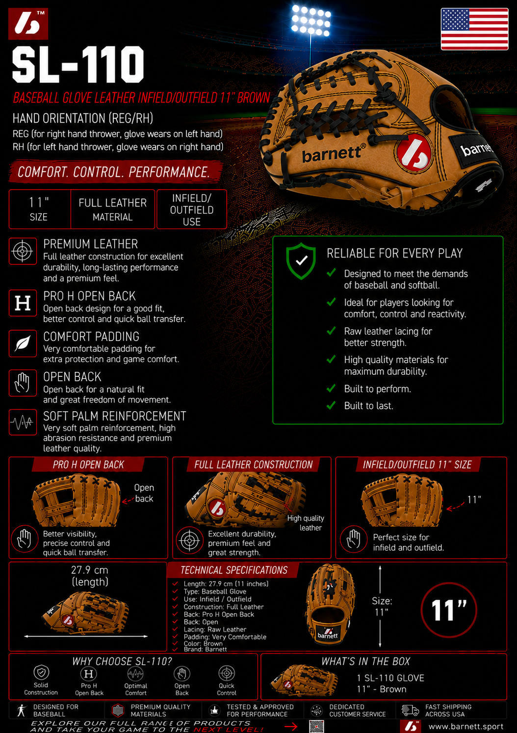 Barnett SL-110 Baseball gloves in leather infield/outfield size 11, Brown