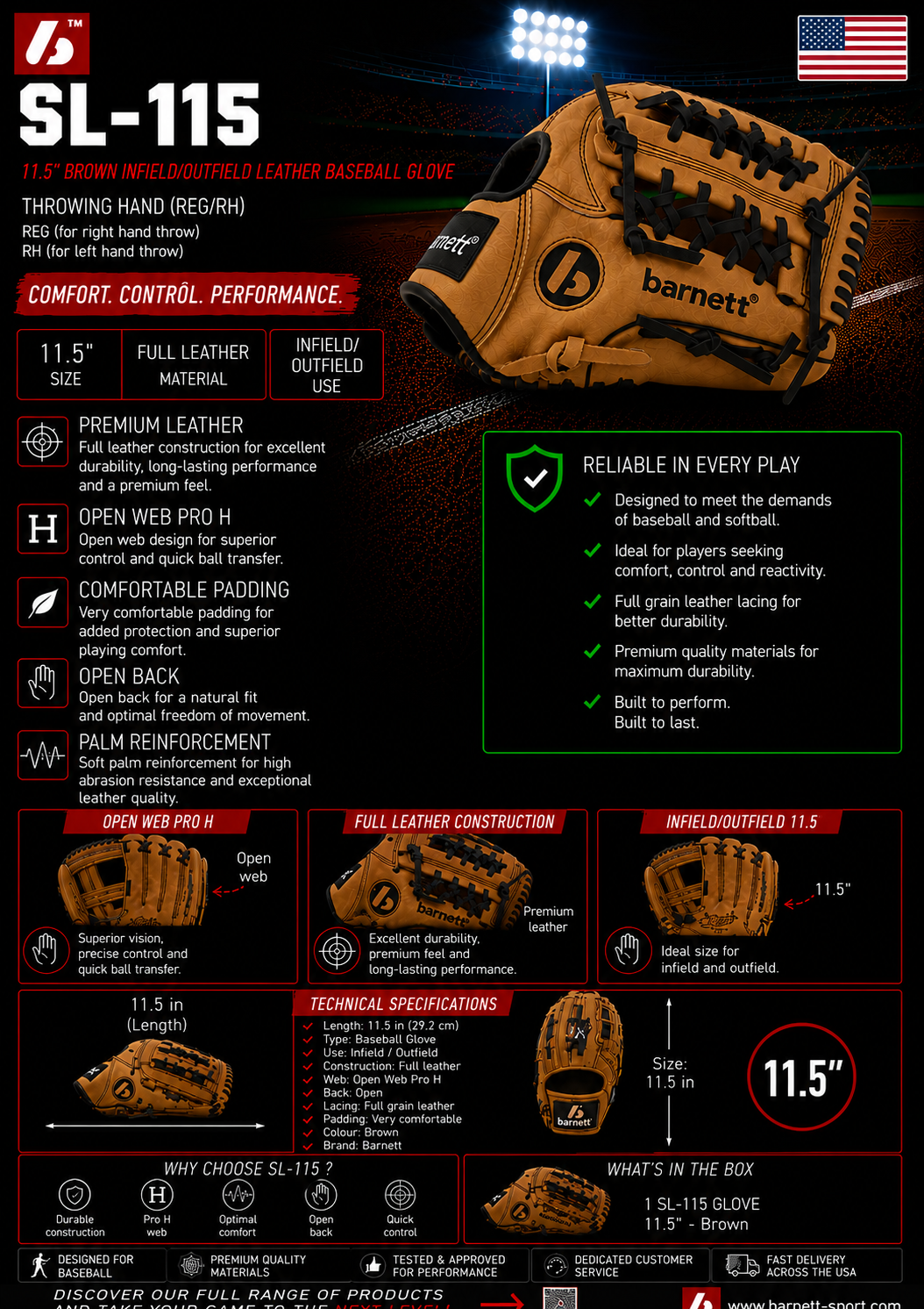 Barnett SL-115 Baseball gloves in leather infield/outfield size 11.5, Brown