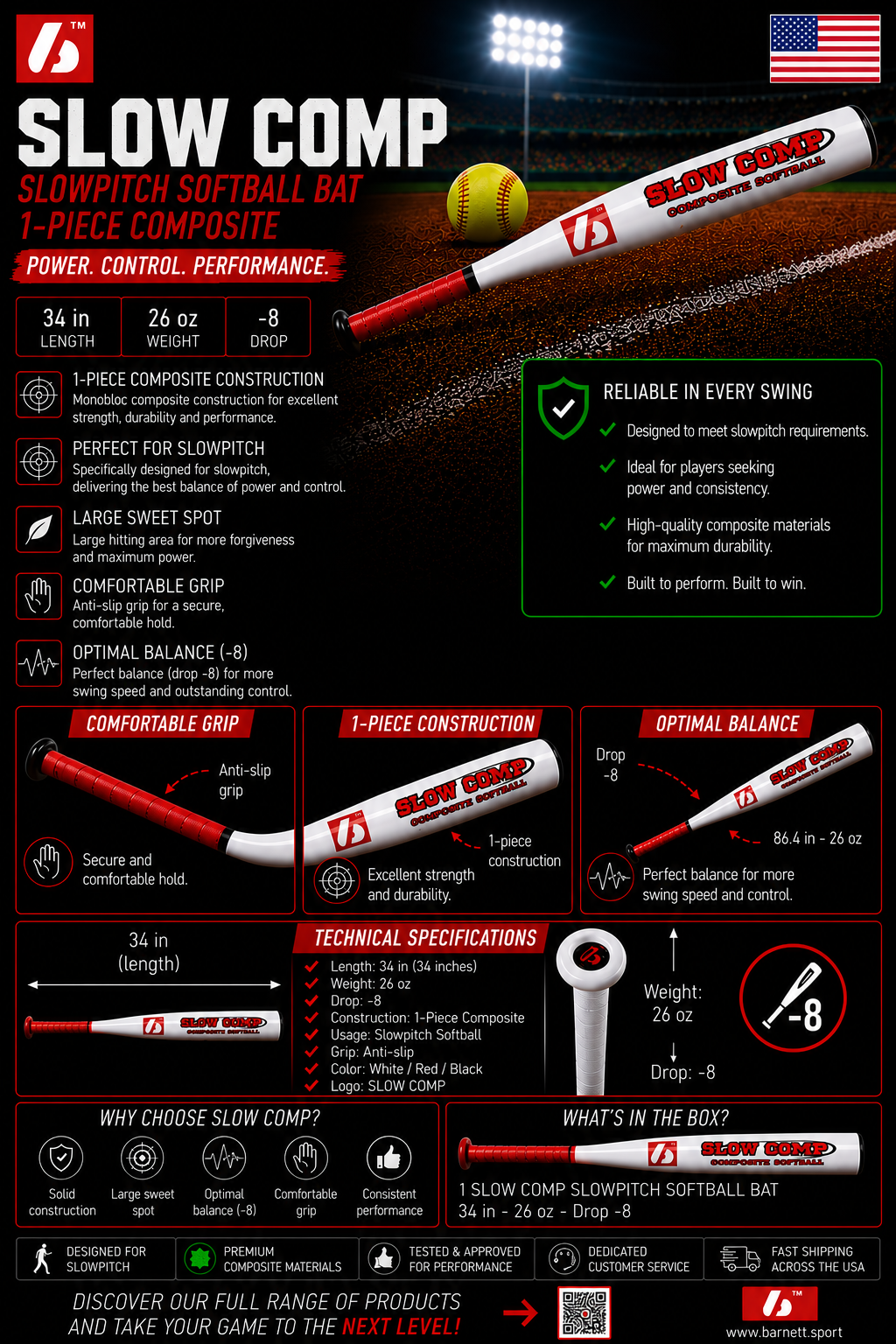 Barnett SLOW COMP Softball bat SLOWPITCH Composite, 34-26
