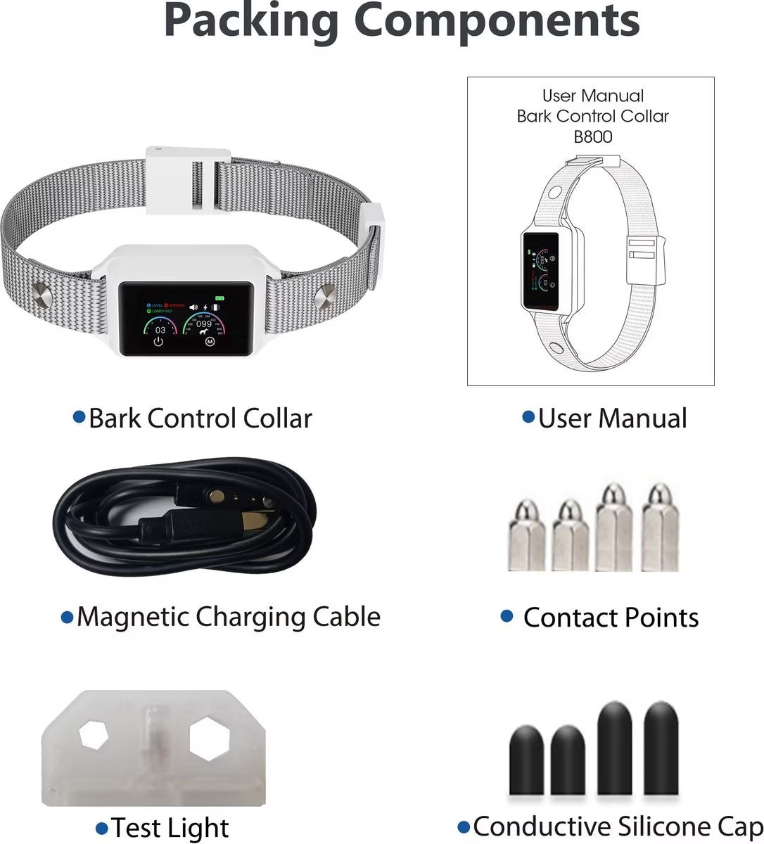 Pawious - Smart Dog Bark Collar B800 Grey - Rechargeable, Waterproof IPX68, Small to Large Dogs, Adjustable 5-22in, Color Display